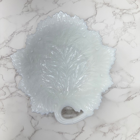 Fenton Other - Vintage Fenton Milk Glass Leaf Serving Dish Handle 50s Art Glass Serving Platter